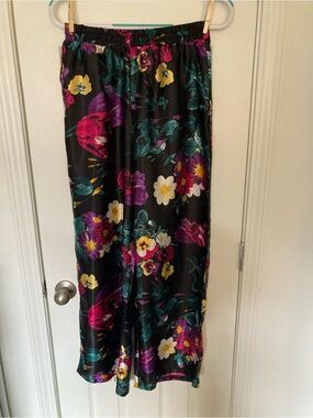 Floral Wide Leg Satin Pants in Black with Multicolor Print
